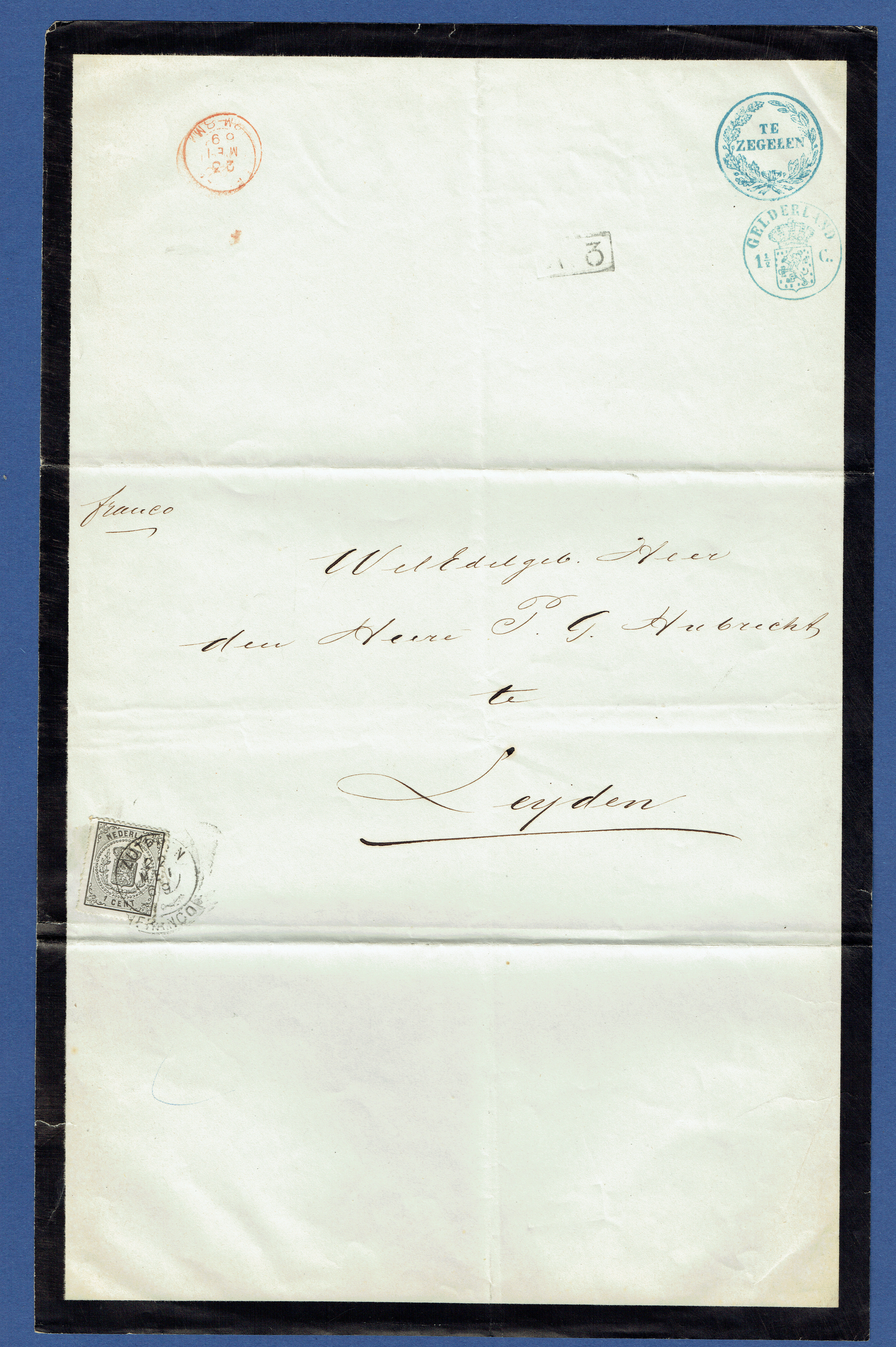 ZUTPHEN 1869. Vouwbrief (omslag) met franco takje ZUTPHEN op 1 cent Rijkswapen zwart naar LEIDEN. TE ZEGELEN, GELDERLAND 11 cent.