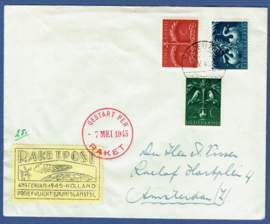 RAKETPOST, Amsterdam 1945. Gestart per 7 mei 1945. AMSTELVEEN. De Bruin. Met brief.