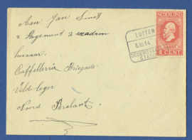 Veldpost cover jubileum 1913 met blokstempel LUTTEN - DEDEMSVAART STATION  naar Veldleger Noord Brabant.