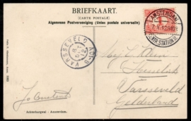 Perfin K.  AMSTERDAM, Achterburgwal. Gelopen kaart. 
