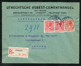 Firma cover UTRECHT 1930 met kortebalkstempel UTRECHT naar Arnhem. Aangetekend.