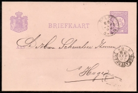 G - Briefkaart met kleinrondstempel DELFT naar `S GRAVENHAGE (kopstaand maand).