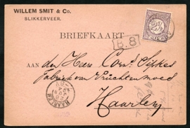 Firma briefkaart SLIKKERVEER 1894 met kleinrondstempel SLIKKERVEER naar HAARLEM.