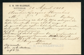 Firma briefkaart ROTTERDAM 1907. Met vlagstempel ROTTERDAM naar BEEK (LIMB.).