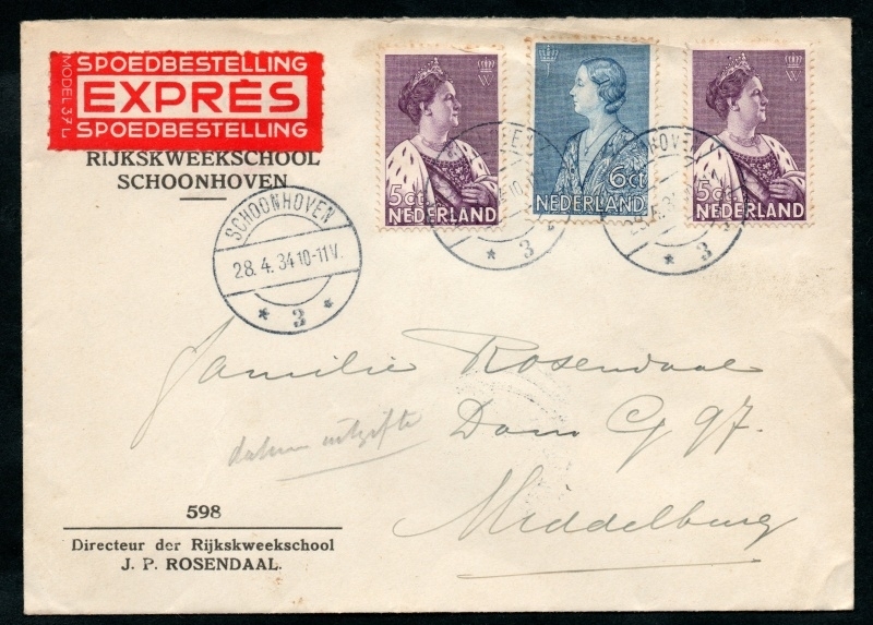 Firma cover SCHOONHOVEN 1934 met crisiszegels 1934 van SCHOONHOVEN naar MIDDELBURG. EXPRES, SPOEDBESTELLING. Eerste dag afstempeling.