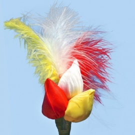 Tulp corsage rood-wit-geel met veren
