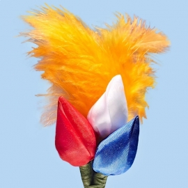 Tulp corsage rood-wit-blauw met veren