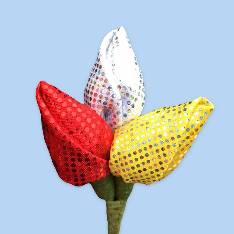 Tulp corsage rood-wit-geel met glitter