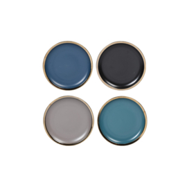 Siaki Mat, ontbijtborden set van 4 met bronzen rand in zwart, blauw, petrol en taupe
