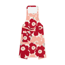 Marimekko schort Unikko donkerrood, roze en grijs met verstelbare nekband