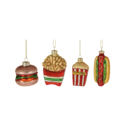Set van 4 kerstballen snacks: burger, friet, popcorn en hotdog