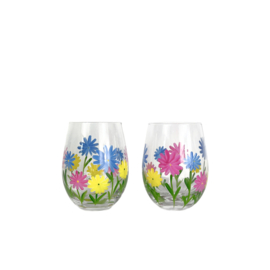 Flora Garden set van 2 tumbler glazen handbeschilderd 450 ml met vrolijke bloemen