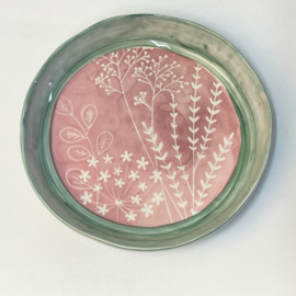 Bloom servies serveerschaal roze met groene rand 30 cm (A)