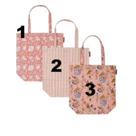 Bungalow blokprint totebag XL in rozetinten, Phalanpur Coral, Lulu Pink, Hydrangea Peach