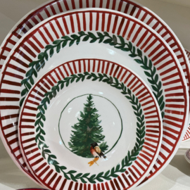 Platte serveerschaal of onderbord Ø 31 cm, Kerstservies Rosso Natale Kerstboom en Goudvink