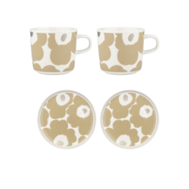 Marimekko set Unikko beige with silver plates 13.5 cm and cups with ear 2 dl in gift box