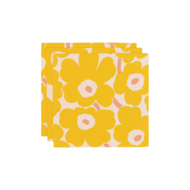 Marimekko katoenen servetten set van 3, Unikko geel met roze, ongebleekt katoensatijn |