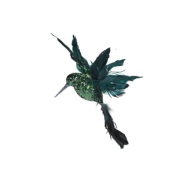 Decoratie kolibrie met pailletten en veren: brons/goud, groen, roze, turquoise