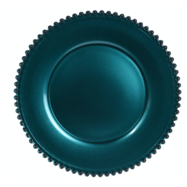 Onderbord kristalglas met parelrand in metallic donkerblauw, brons of petrol/turquoise