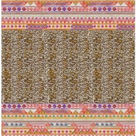 Tafelkleed / Sprei Jurta met panterprint, 2 randen van Azteken motieven in felle kleuren| 180 x 280 cm