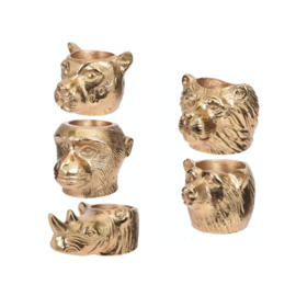 Waxinelichthouders goudkleurig met dierenkoppen: aap, beer, poema, leeuw en neushoorn