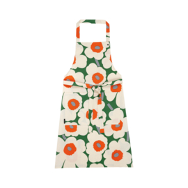 Marimekko schort Unikko 60th Anniversary groen-oranje-wit, met verstelbare nekband