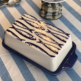 Duro Ceramics Botervloot met donkerblauwe sardines , blauw schoteltje