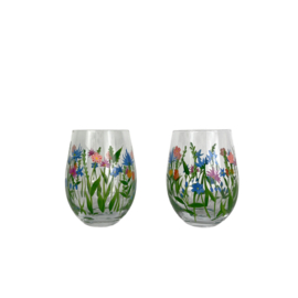 Flora Flowerfield set van 2 waterglazen handbeschilderd 450 ml met bloemenweide