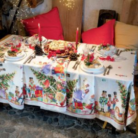 Kersttafelkleed Notenkraker 170 x 270 op wit linnen (schiaccinoci)
