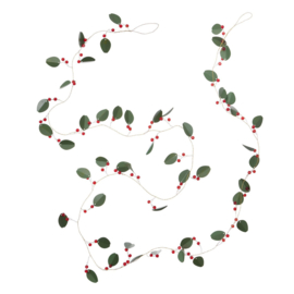Bungalow KERST slinger van messing met groene blaadjes en rode besjes 180 cm lang