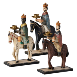 Bungalow KERST Drie Koningen, set van 3 houten kandelaars van de koningen te paard