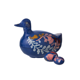 Bungalow decoratieve eend met twee eieren, blauw