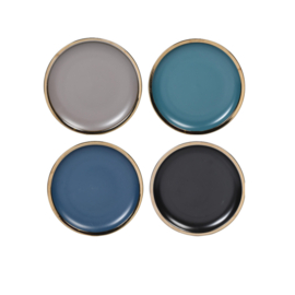 Siaki Mat, aardewerken dinerborden set van 4 met bronzen rand in zwart, blauw, petrol en taupe | Ø 27 cm