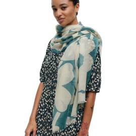 Marimekko Fiore Unikko dunne wollen shawl wit en teal| 180x70cm