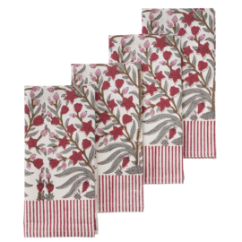 Bungalow rood gebloemd en gestreepte blokprint servetten Jasmine scarlet, 4 stuks | 45 x 45 cm