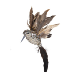 Decoratie kolibrie met pailletten en veren: brons/goud, groen, roze, turquoise