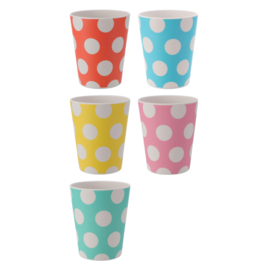 Melamine bekers met witte stippen, SET van 5: turquoise, rood, roze, geel, groen | 10 cm hoog