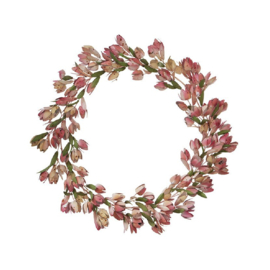 Bungalow decoratieve metalen (kerst)krans met roze tulpjes en groene blaadjes|  Ø55 cm