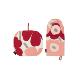 Marimekko set van pannenlap en ovenwant Unikko warm rood, donkerrood, roze en grijd