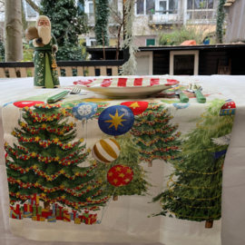 Kersttafelloper Air Christmas 45  x 170 met vliegende kerstmannen etc van linnen