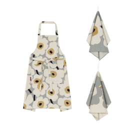 Marimekko set Unikko schort met 2 theedoeken grijs, goudgeel en zwart in geschenkdoosje