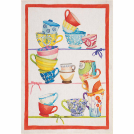 Linnen theedoek Bric à Brac met vrolijke kopjesvrolijke en rode rand | 50 x 70 cm