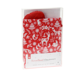 Setje voor de kerstkok: (kinder)schort, ovenwant en pannenlap met hert en vos, rood met wit in transparante geschenkverpakking