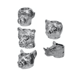 Kaarsenstandaard zilverkleurig met dierenkoppen: aap, beer, poema, leeuw en neushoorn