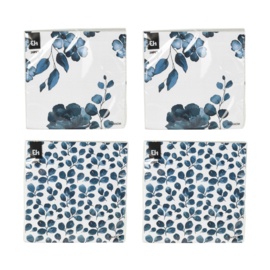 Papieren servetjes set van 80 stuks 33 x 33 cm : 2 x pakje met blauwe blaadjes en 2 x pakje blauwe rozen