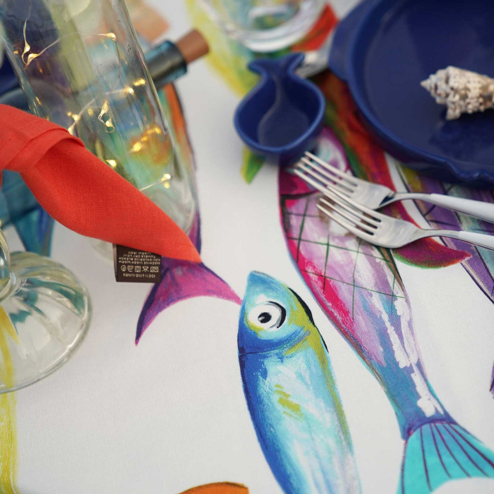 Gecoat katoenen tafelkleed Poisson Bleu 1,80 breed, kies je lengte (per 50 cm)