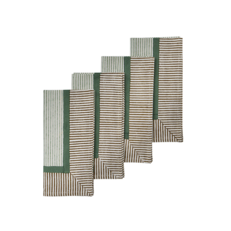 Bungalow groen witte blokprint servetten Jaya sage, 4 stuks | 45 x 45 cm