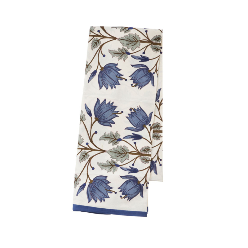 Bungalow katoenen blokprint tafelkleed Flora indigo in gebroken wit met blauwtinten | 170 x 300 cm
