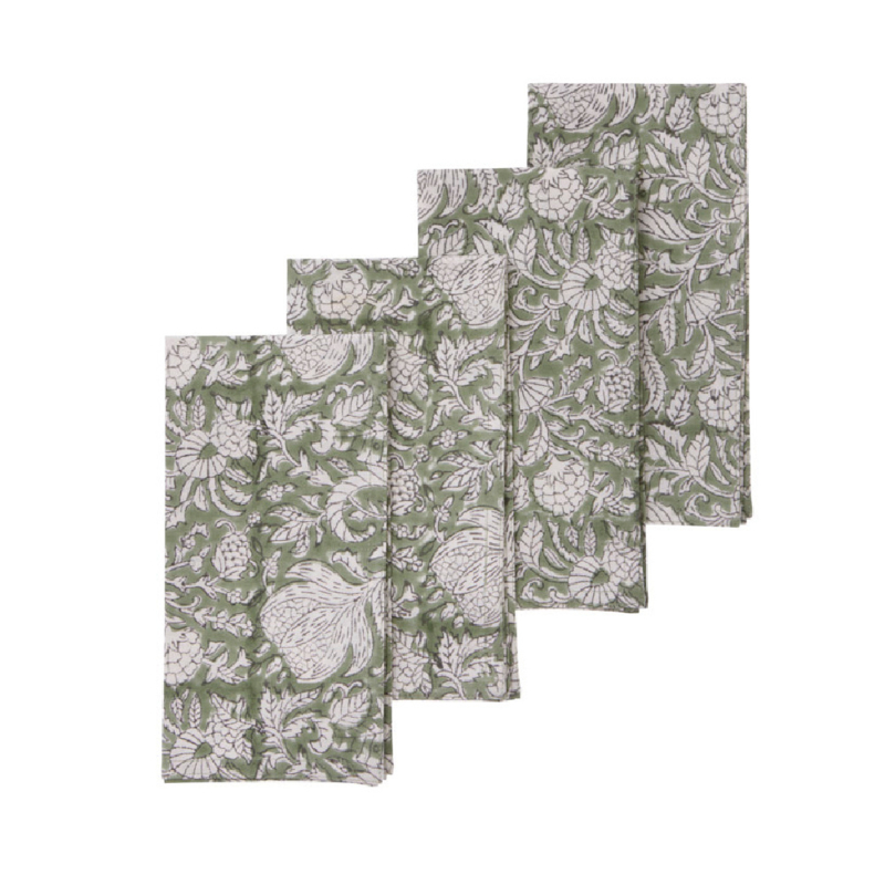 Bungalow set van 4 katoenen servetten blokprint Dimapur Jade 45 x 45 cm