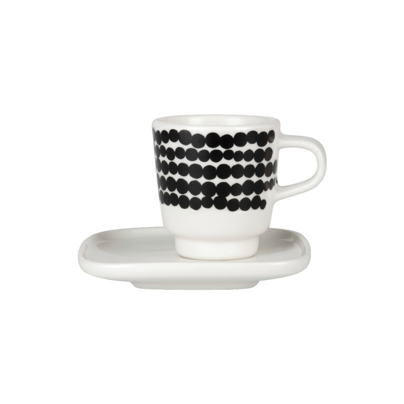 Marimekko Oiva Räsymatto Espresso kop-en-schoteltje zwart wit 0,5 dl